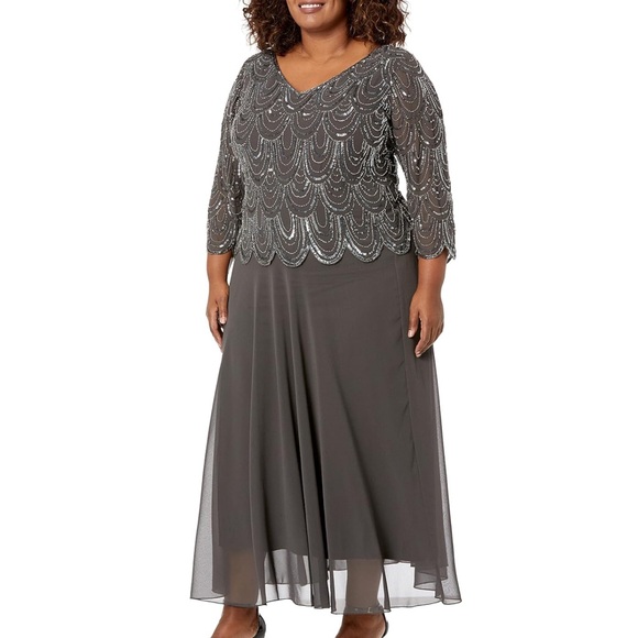 J Kara Plus Size 3/4 Sleeve w/ Scallop Beaded Pop Over Gown size 20W Gray #402 - Picture 3 of 9